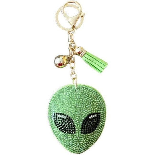 Bling Green & Black Alien Keychain With Tassel & Bell Accent