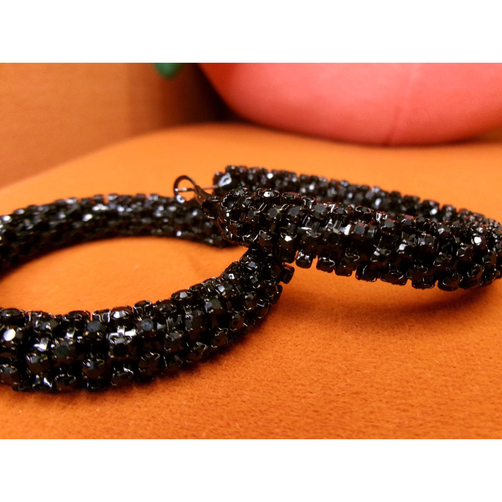 Black Crystal Textured Large Hoop Earrings